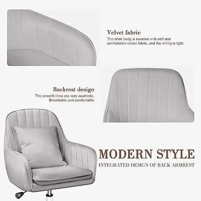 Alt view image 3 of 6 - Mid Back Velvet Vanity Chair Swivel Rolling Desk Chair with Wheels, Modern Upholstered Makeup Chair for Women Girls, Computer Task Chair for Bedroom Living Room Office, Gray