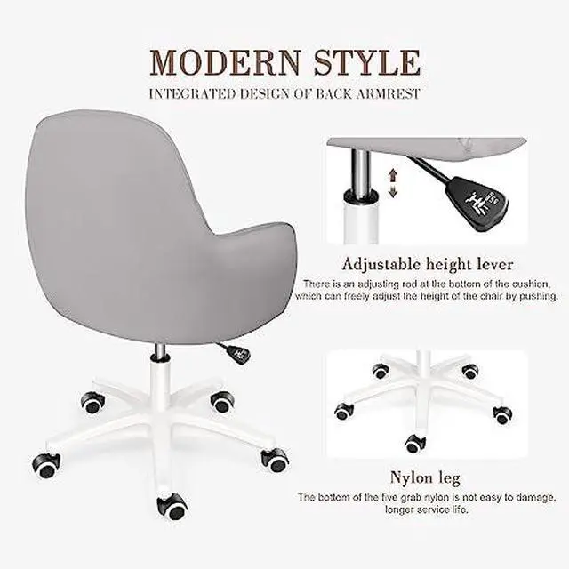 Alt view image 4 of 6 - Mid Back Velvet Vanity Chair Swivel Rolling Desk Chair with Wheels, Modern Upholstered Makeup Chair for Women Girls, Computer Task Chair for Bedroom Living Room Office, Gray