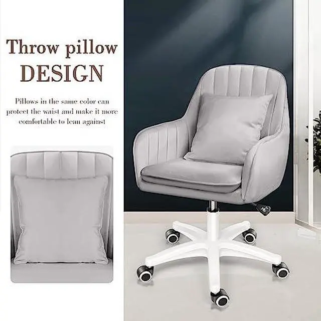 Alt view image 5 of 6 - Mid Back Velvet Vanity Chair Swivel Rolling Desk Chair with Wheels, Modern Upholstered Makeup Chair for Women Girls, Computer Task Chair for Bedroom Living Room Office, Gray