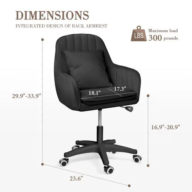 Alt view image 2 of 6 - Mid Back Velvet Vanity Chair Swivel Rolling Desk Chair with Wheels, Modern Upholstered Makeup Chair for Women Girls, Computer Task Chair for Bedroom Living Room Office, Black