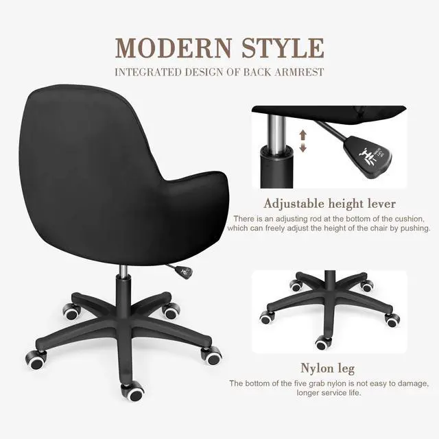 Alt view image 3 of 6 - Mid Back Velvet Vanity Chair Swivel Rolling Desk Chair with Wheels, Modern Upholstered Makeup Chair for Women Girls, Computer Task Chair for Bedroom Living Room Office, Black