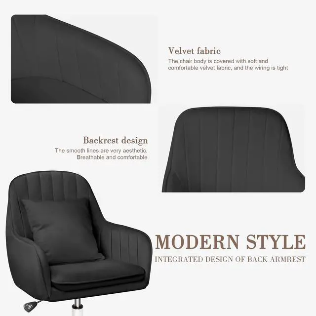 Alt view image 5 of 6 - Mid Back Velvet Vanity Chair Swivel Rolling Desk Chair with Wheels, Modern Upholstered Makeup Chair for Women Girls, Computer Task Chair for Bedroom Living Room Office, Black