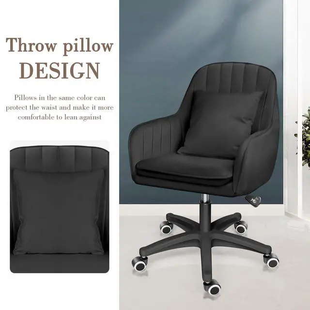 Alt view image 6 of 6 - Mid Back Velvet Vanity Chair Swivel Rolling Desk Chair with Wheels, Modern Upholstered Makeup Chair for Women Girls, Computer Task Chair for Bedroom Living Room Office, Black