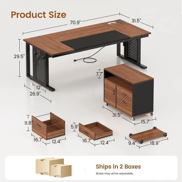 Alt view image 2 of 6 - 71" Executive Desk with Rolling File Cabinet, Large Office Desk with Drawers, L Shaped Computer Desk with Power Outlets, CPU Stand, Pegboard and Storage Shelves, Brown