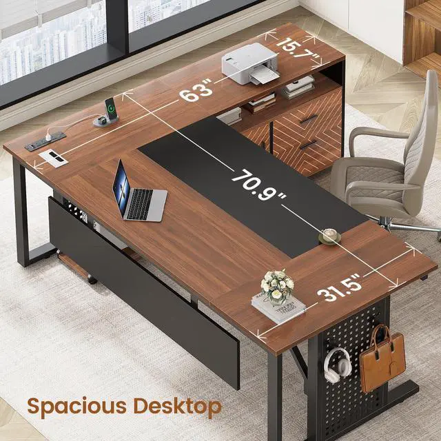 Alt view image 4 of 6 - 71" Executive Desk with Rolling File Cabinet, Large Office Desk with Drawers, L Shaped Computer Desk with Power Outlets, CPU Stand, Pegboard and Storage Shelves, Brown