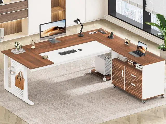 Main image of 71" Executive Desk with Rolling File Cabinet, Large Office Desk with Drawers, L Shaped Computer Desk with Power Outlets, CPU Stand, Pegboard and Storage Shelves, White