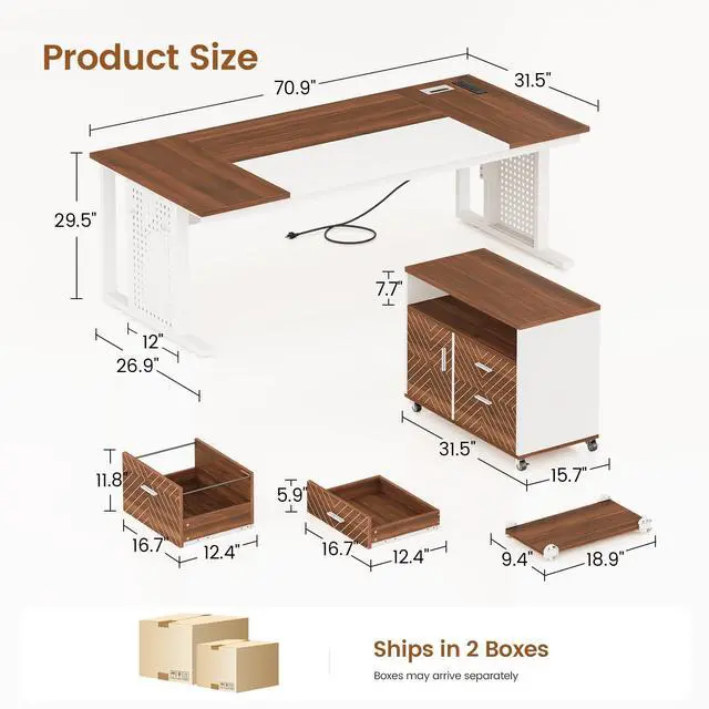Alt view image 2 of 6 - 71" Executive Desk with Rolling File Cabinet, Large Office Desk with Drawers, L Shaped Computer Desk with Power Outlets, CPU Stand, Pegboard and Storage Shelves, White