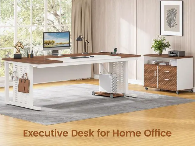 Alt view image 3 of 6 - 71" Executive Desk with Rolling File Cabinet, Large Office Desk with Drawers, L Shaped Computer Desk with Power Outlets, CPU Stand, Pegboard and Storage Shelves, White