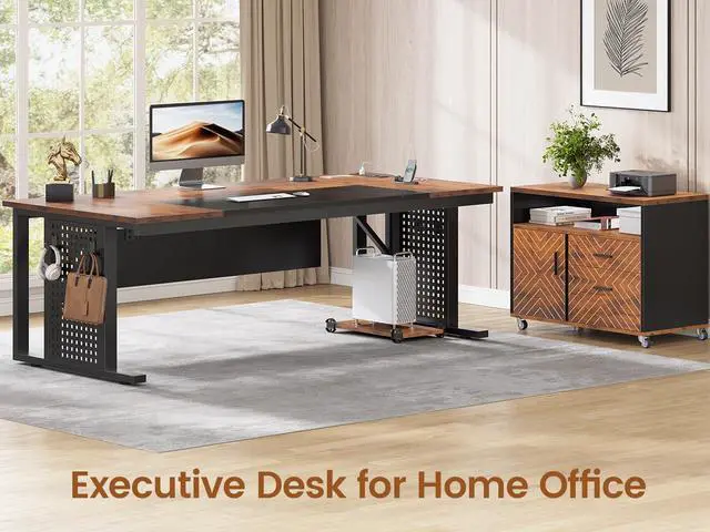 Alt view image 3 of 6 - 71" Executive Desk with Rolling File Cabinet, Large Office Desk with Drawers, L Shaped Computer Desk with Power Outlets, CPU Stand, Pegboard and Storage Shelves, Rustic Brown