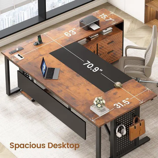 Alt view image 4 of 6 - 71" Executive Desk with Rolling File Cabinet, Large Office Desk with Drawers, L Shaped Computer Desk with Power Outlets, CPU Stand, Pegboard and Storage Shelves, Rustic Brown