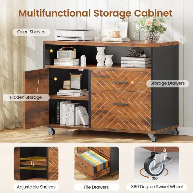 Alt view image 5 of 6 - 71" Executive Desk with Rolling File Cabinet, Large Office Desk with Drawers, L Shaped Computer Desk with Power Outlets, CPU Stand, Pegboard and Storage Shelves, Rustic Brown