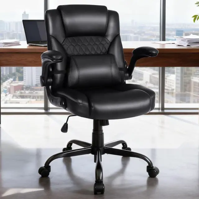 Main image of Home Office Chair with Lumbar Support, 5" Thickened Seat, Small PU Leather Rocking Desk Chair, Comfy Computer Chairs with Rolling Wheels & Adjustable Armrests for Adults, Black