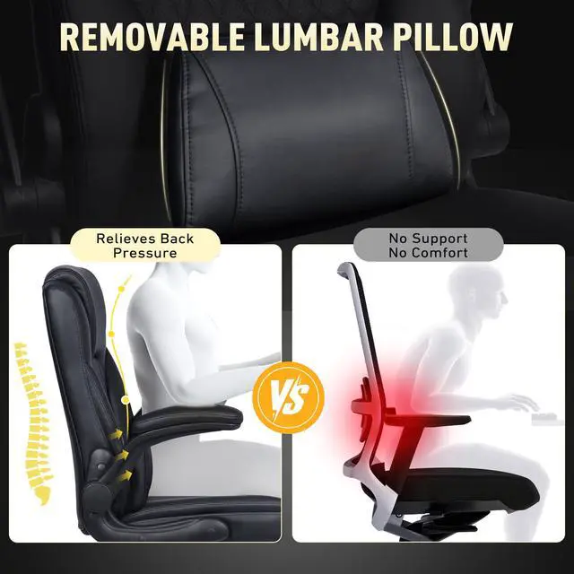 Alt view image 3 of 6 - Home Office Chair with Lumbar Support, 5" Thickened Seat, Small PU Leather Rocking Desk Chair, Comfy Computer Chairs with Rolling Wheels & Adjustable Armrests for Adults, Black