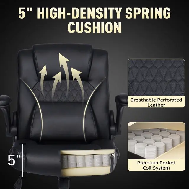 Alt view image 4 of 6 - Home Office Chair with Lumbar Support, 5" Thickened Seat, Small PU Leather Rocking Desk Chair, Comfy Computer Chairs with Rolling Wheels & Adjustable Armrests for Adults, Black