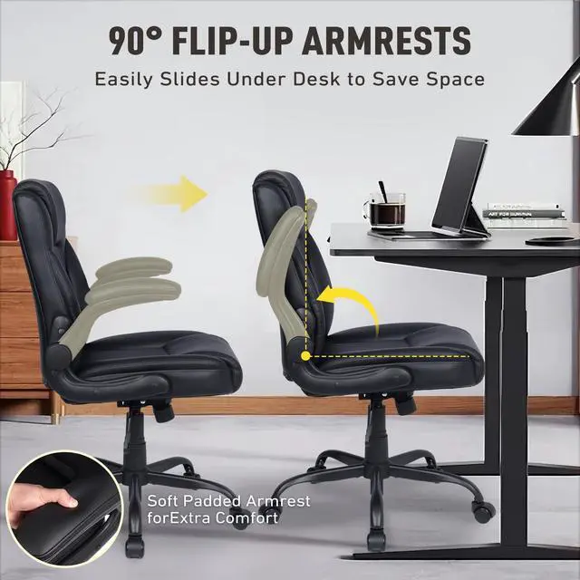 Alt view image 5 of 6 - Home Office Chair with Lumbar Support, 5" Thickened Seat, Small PU Leather Rocking Desk Chair, Comfy Computer Chairs with Rolling Wheels & Adjustable Armrests for Adults, Black