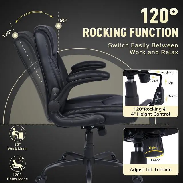 Alt view image 6 of 6 - Home Office Chair with Lumbar Support, 5" Thickened Seat, Small PU Leather Rocking Desk Chair, Comfy Computer Chairs with Rolling Wheels & Adjustable Armrests for Adults, Black