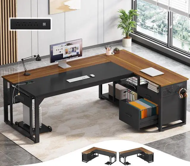 Main image of 71 in Executive Desk with Power Outlets, Reversible L Shaped Computer Desk with File Drawers & Storage Shelves, Large Office Desk with Pegboard, Mobile CPU Stand, Modern Corner Desk (Walnut)