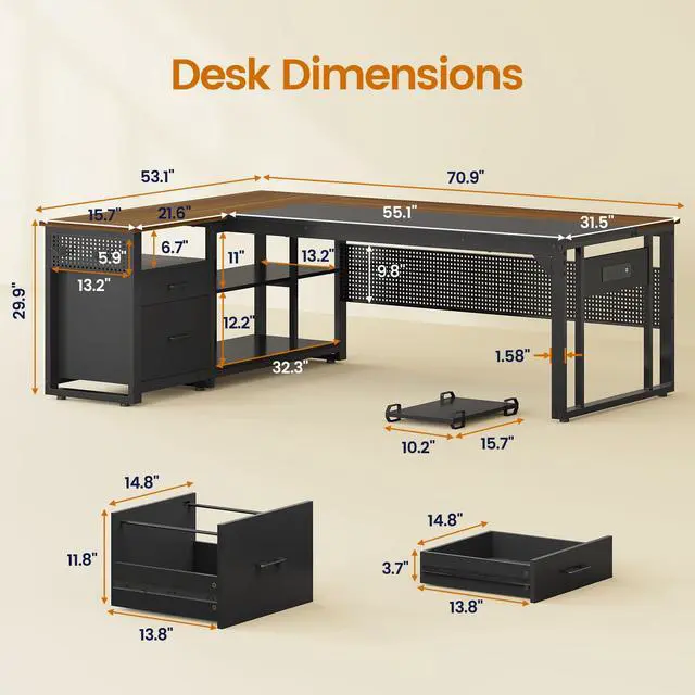 Alt view image 2 of 6 - 71 in Executive Desk with Power Outlets, Reversible L Shaped Computer Desk with File Drawers & Storage Shelves, Large Office Desk with Pegboard, Mobile CPU Stand, Modern Corner Desk (Walnut)