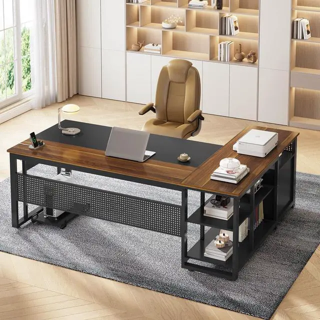 Alt view image 3 of 6 - 71 in Executive Desk with Power Outlets, Reversible L Shaped Computer Desk with File Drawers & Storage Shelves, Large Office Desk with Pegboard, Mobile CPU Stand, Modern Corner Desk (Walnut)