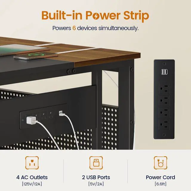 Alt view image 4 of 6 - 71 in Executive Desk with Power Outlets, Reversible L Shaped Computer Desk with File Drawers & Storage Shelves, Large Office Desk with Pegboard, Mobile CPU Stand, Modern Corner Desk (Walnut)