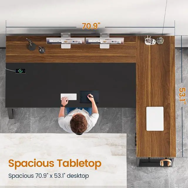 Alt view image 5 of 6 - 71 in Executive Desk with Power Outlets, Reversible L Shaped Computer Desk with File Drawers & Storage Shelves, Large Office Desk with Pegboard, Mobile CPU Stand, Modern Corner Desk (Walnut)