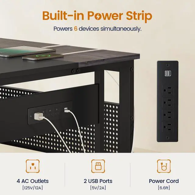 Alt view image 4 of 6 - 71 in Executive Desk with Power Outlets, Reversible L Shaped Computer Desk with File Drawers & Storage Shelves, Large Office Desk with Pegboard, Mobile CPU Stand, Modern Corner Desk (Grey)