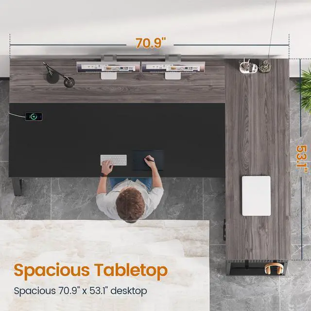 Alt view image 5 of 6 - 71 in Executive Desk with Power Outlets, Reversible L Shaped Computer Desk with File Drawers & Storage Shelves, Large Office Desk with Pegboard, Mobile CPU Stand, Modern Corner Desk (Grey)