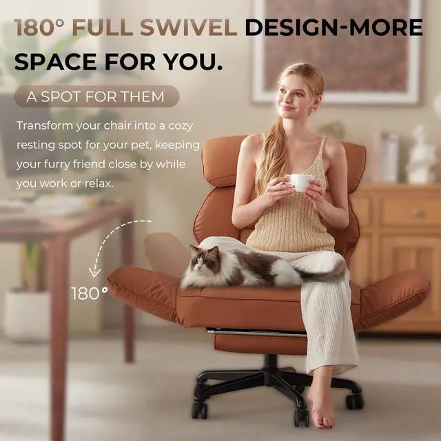 Alt view image 3 of 6 - Cross Legged Office Chair with Pivoting Armrests,Criss Cross Chair with Pocket Spring Seat & Back,Reclining Computer Gaming Chair with Footrest and Metal Base (Brown)