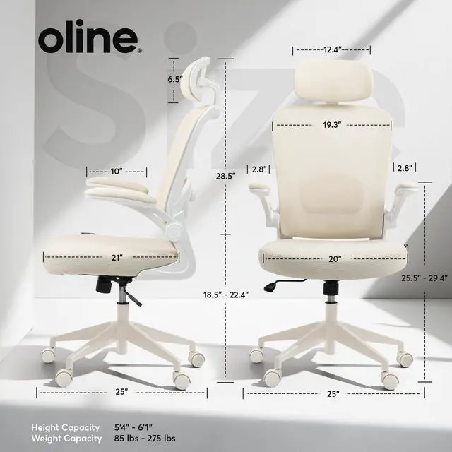 Alt view image 3 of 6 - ErgoAir Ergonomic Office Chair Adjustable Lumbar Support, Flip-Up Armrests, Mesh Computer Desk Chair, Swivel Rolling Executive Gaming Chair for Home & Office (Beige)