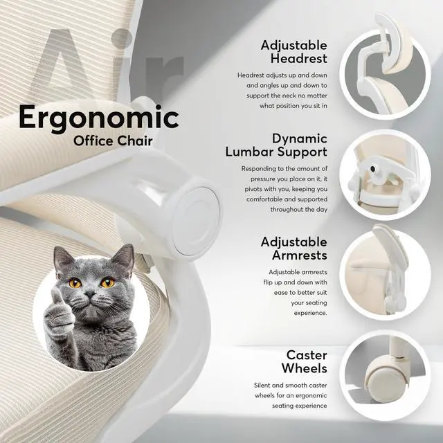 Alt view image 4 of 6 - ErgoAir Ergonomic Office Chair Adjustable Lumbar Support, Flip-Up Armrests, Mesh Computer Desk Chair, Swivel Rolling Executive Gaming Chair for Home & Office (Beige)