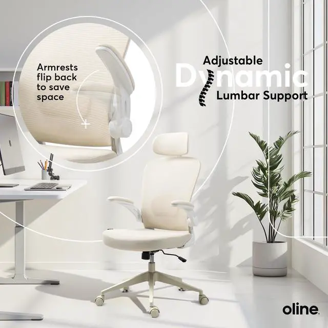 Alt view image 6 of 6 - ErgoAir Ergonomic Office Chair Adjustable Lumbar Support, Flip-Up Armrests, Mesh Computer Desk Chair, Swivel Rolling Executive Gaming Chair for Home & Office (Beige)
