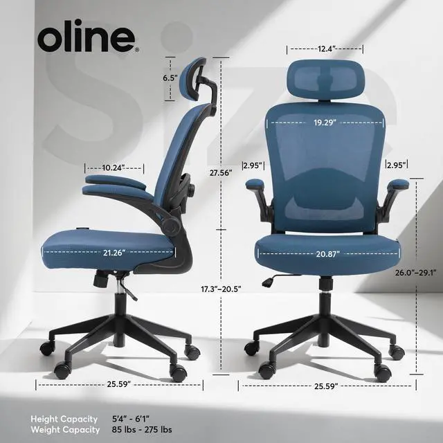 Alt view image 3 of 6 - ErgoAir Ergonomic Office Chair Adjustable Lumbar Support, Flip-Up Armrests, Mesh Computer Desk Chair, Swivel Rolling Executive Gaming Chair for Home & Office (Navy Blue)