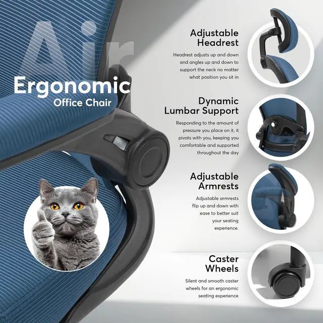 Alt view image 4 of 6 - ErgoAir Ergonomic Office Chair Adjustable Lumbar Support, Flip-Up Armrests, Mesh Computer Desk Chair, Swivel Rolling Executive Gaming Chair for Home & Office (Navy Blue)