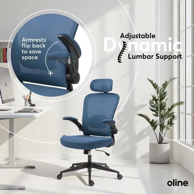 Alt view image 6 of 6 - ErgoAir Ergonomic Office Chair Adjustable Lumbar Support, Flip-Up Armrests, Mesh Computer Desk Chair, Swivel Rolling Executive Gaming Chair for Home & Office (Navy Blue)