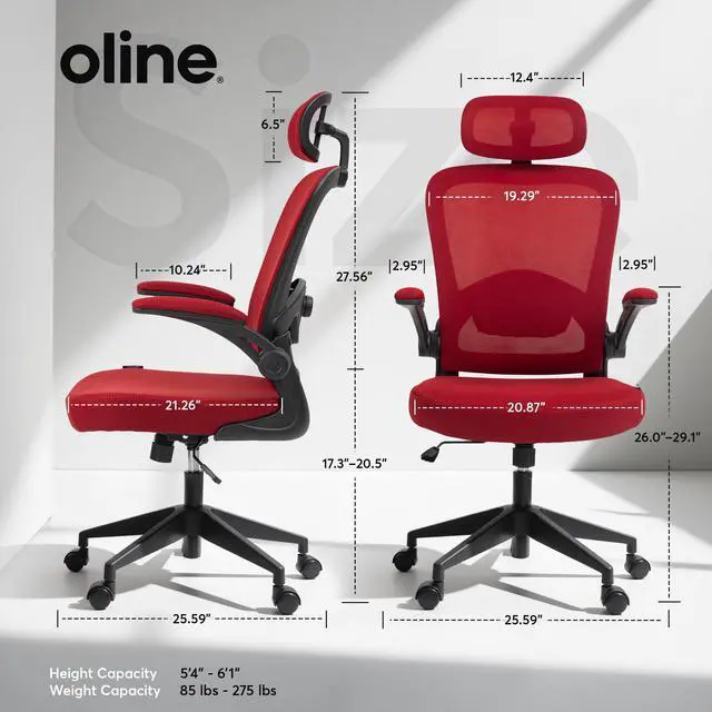 Alt view image 3 of 6 - ErgoAir Ergonomic Office Chair Adjustable Lumbar Support, Flip-Up Armrests, Mesh Computer Desk Chair, Swivel Rolling Executive Gaming Chair for Home & Office (Red)