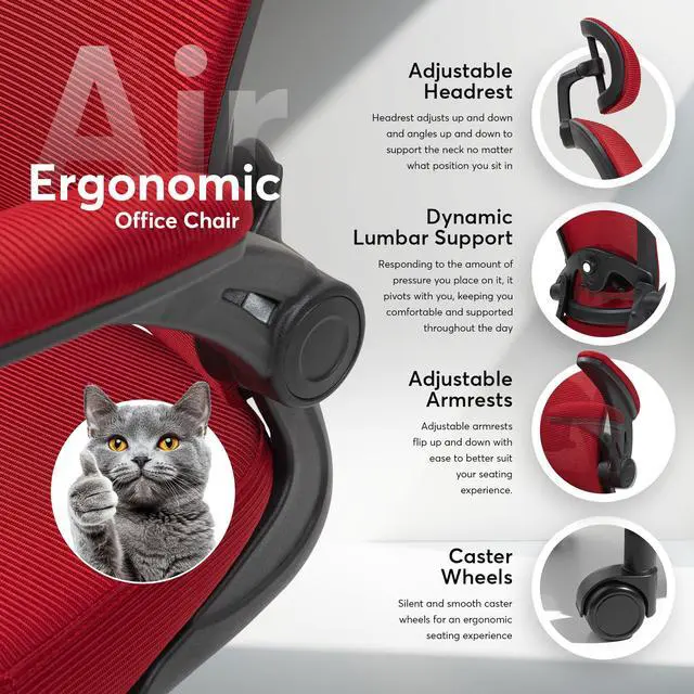 Alt view image 4 of 6 - ErgoAir Ergonomic Office Chair Adjustable Lumbar Support, Flip-Up Armrests, Mesh Computer Desk Chair, Swivel Rolling Executive Gaming Chair for Home & Office (Red)