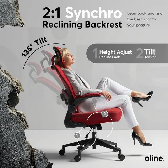 Alt view image 5 of 6 - ErgoAir Ergonomic Office Chair Adjustable Lumbar Support, Flip-Up Armrests, Mesh Computer Desk Chair, Swivel Rolling Executive Gaming Chair for Home & Office (Red)