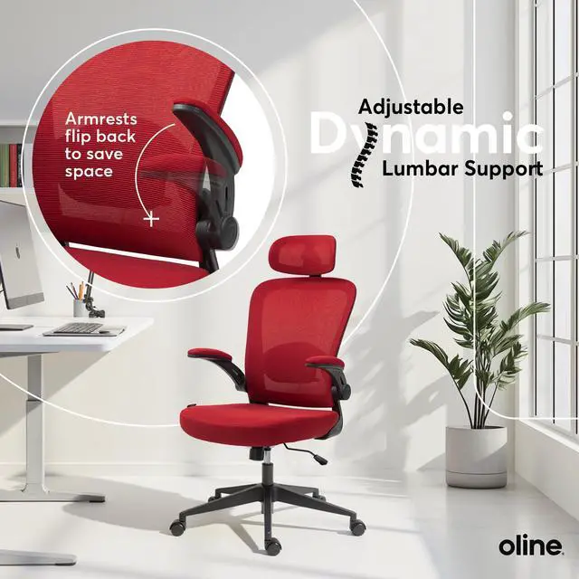 Alt view image 6 of 6 - ErgoAir Ergonomic Office Chair Adjustable Lumbar Support, Flip-Up Armrests, Mesh Computer Desk Chair, Swivel Rolling Executive Gaming Chair for Home & Office (Red)