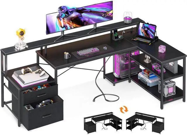 Main image of 75" L Shaped Desk with File Drawers, Work from Home Office Desk with Power Outlet, Reversible Computer Desk with Storage Shelves, Gaming Desk with Monitor Shelf, Corner WFM Table, Black