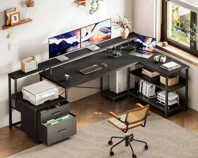 Alt view image 2 of 6 - 75" L Shaped Desk with File Drawers, Work from Home Office Desk with Power Outlet, Reversible Computer Desk with Storage Shelves, Gaming Desk with Monitor Shelf, Corner WFM Table, Black