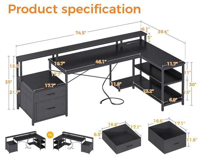 Alt view image 3 of 6 - 75" L Shaped Desk with File Drawers, Work from Home Office Desk with Power Outlet, Reversible Computer Desk with Storage Shelves, Gaming Desk with Monitor Shelf, Corner WFM Table, Black