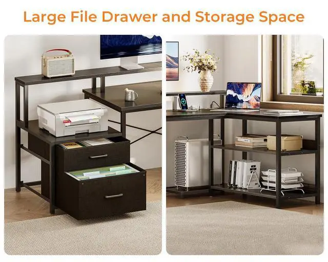 Alt view image 4 of 6 - 75" L Shaped Desk with File Drawers, Work from Home Office Desk with Power Outlet, Reversible Computer Desk with Storage Shelves, Gaming Desk with Monitor Shelf, Corner WFM Table, Black