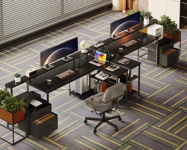 Alt view image 6 of 6 - 75" L Shaped Desk with File Drawers, Work from Home Office Desk with Power Outlet, Reversible Computer Desk with Storage Shelves, Gaming Desk with Monitor Shelf, Corner WFM Table, Black