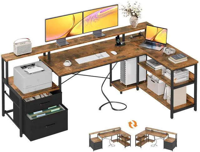 Main image of 75" L Shaped Desk with File Drawers, Work from Home Office Desk with Power Outlet, Reversible Computer Desk with Storage Shelves, Gaming Desk with Monitor Shelf, Corner WFM Table, Vintage