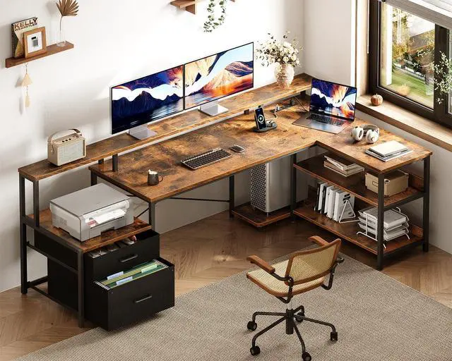 Alt view image 2 of 6 - 75" L Shaped Desk with File Drawers, Work from Home Office Desk with Power Outlet, Reversible Computer Desk with Storage Shelves, Gaming Desk with Monitor Shelf, Corner WFM Table, Vintage