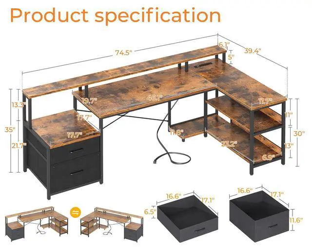 Alt view image 3 of 6 - 75" L Shaped Desk with File Drawers, Work from Home Office Desk with Power Outlet, Reversible Computer Desk with Storage Shelves, Gaming Desk with Monitor Shelf, Corner WFM Table, Vintage