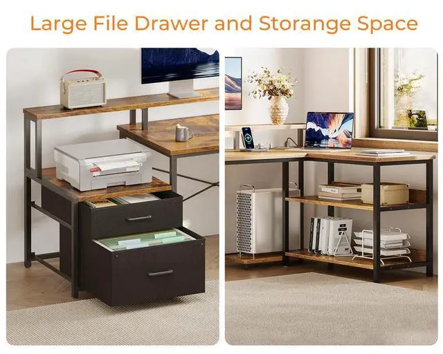 Alt view image 4 of 6 - 75" L Shaped Desk with File Drawers, Work from Home Office Desk with Power Outlet, Reversible Computer Desk with Storage Shelves, Gaming Desk with Monitor Shelf, Corner WFM Table, Vintage