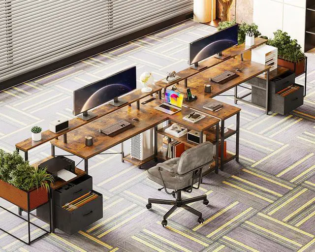 Alt view image 6 of 6 - 75" L Shaped Desk with File Drawers, Work from Home Office Desk with Power Outlet, Reversible Computer Desk with Storage Shelves, Gaming Desk with Monitor Shelf, Corner WFM Table, Vintage