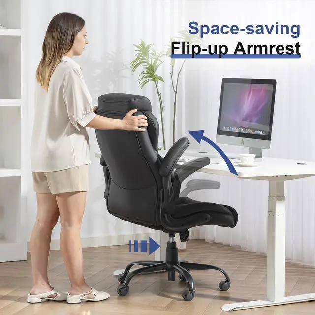 Alt view image 5 of 6 - 400LBS Big and Tall Office Chair, Heavy Duty Leather Executive Desk Chair with Padded Flip-up Arms, Swivel Rolling Computer Chair for Home Office, Black