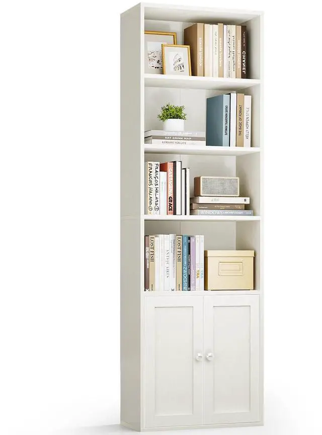 Main image of Bookshelf and Bookcase with Doors, Floor Standing 6-Tier Shelf Display Storage Shelves, Tall Bookcases for Home Office, Living Room, White